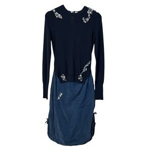 Altuzzara Embellished Knit Mixed Media Midi Dress Navy Blue US 6 Contemporary